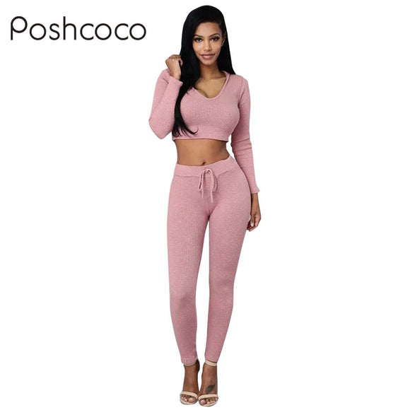 Poshcoco 2 Piece Set Sexy Casual Hooded Short Sweatshirt Elastic Waist Skinny Legging V neck Crop Top Pullovers Bandage Leggings