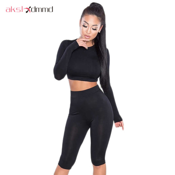 Women Set Tracksuit 2017 New Arrival Long-sleeved Short Tops T-shirt and Legging Pants Pure Color 2 piece set LH662