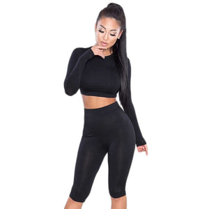 Women Set Tracksuit 2017 New Arrival Long-sleeved Short Tops T-shirt and Legging Pants Pure Color 2 piece set LH662