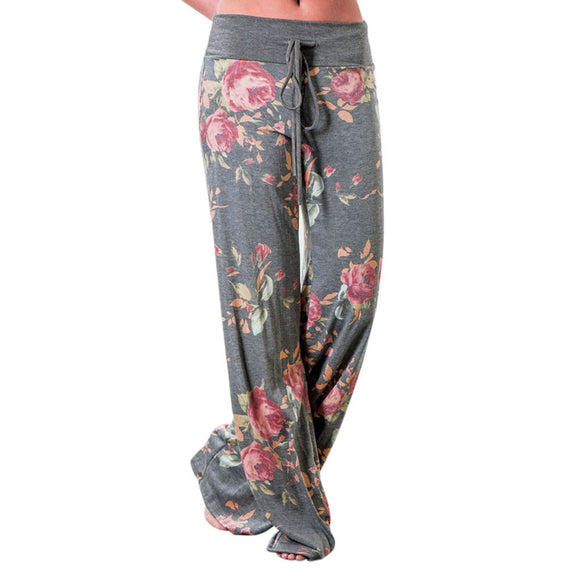 Women Floral Prints Drawstring Wide Leg Pants Leggings